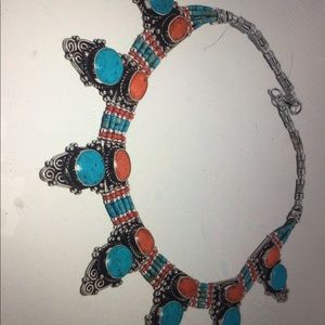 Turquoise and Coral Gemstone.925 Necklace 18”
